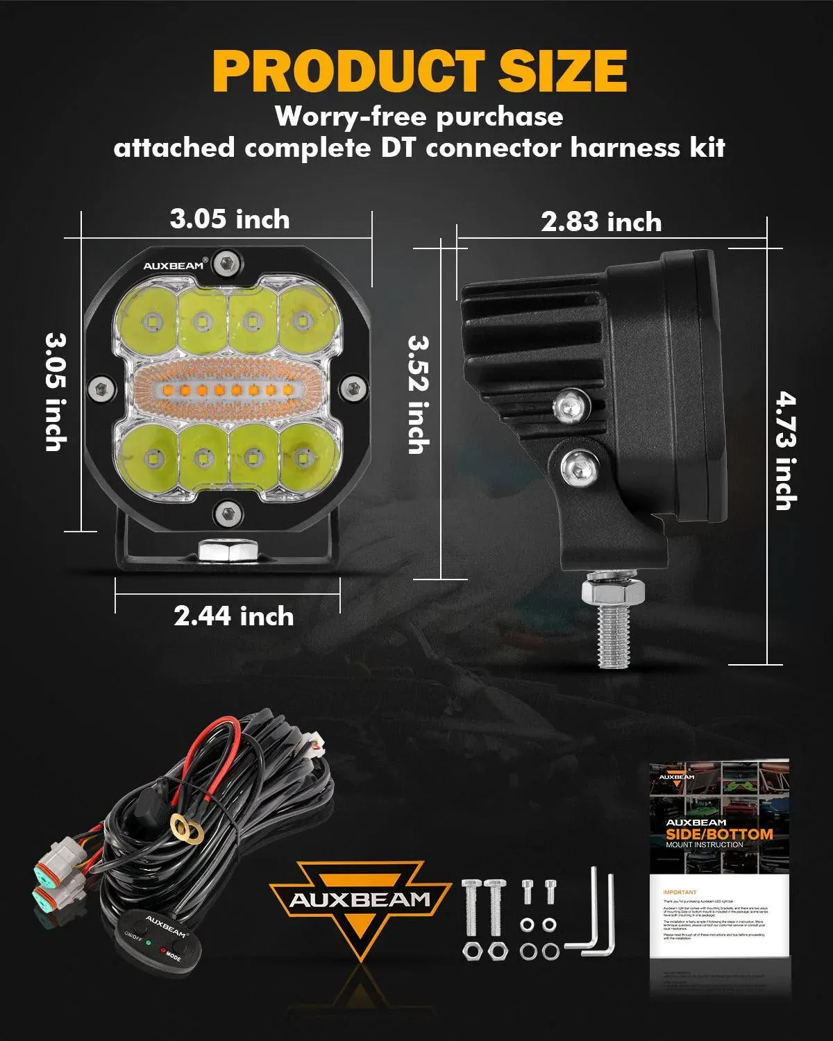 3 Inch 96W 9600 Lumens 6 Modes White&Amber Flashing LED Pod Lights