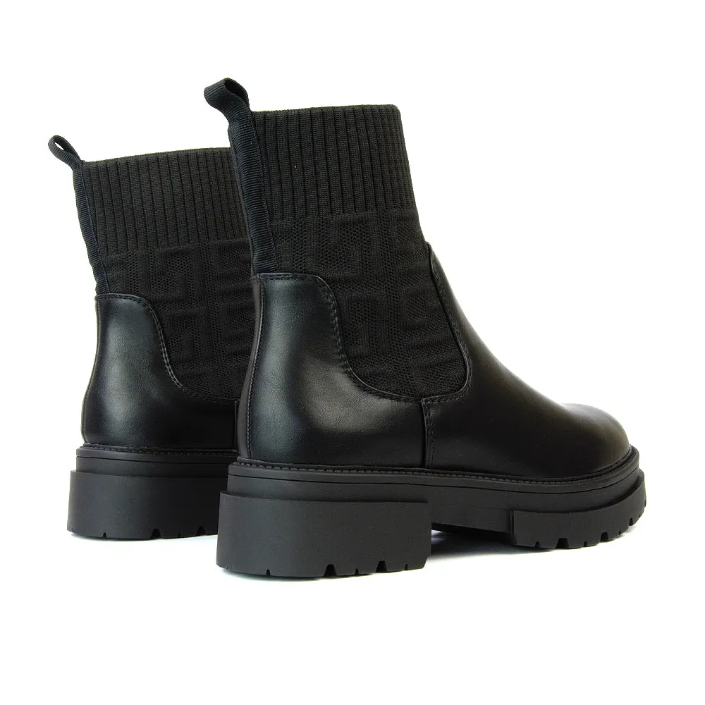 Abel Chunky Block Heel Biker Chelsea Sock Ankle Boots in Black Synthetic Leather
