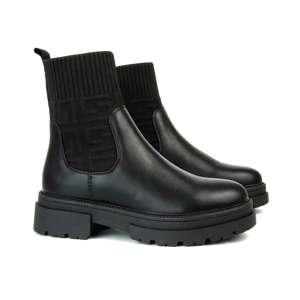 Abel Chunky Block Heel Biker Chelsea Sock Ankle Boots in Black Synthetic Leather