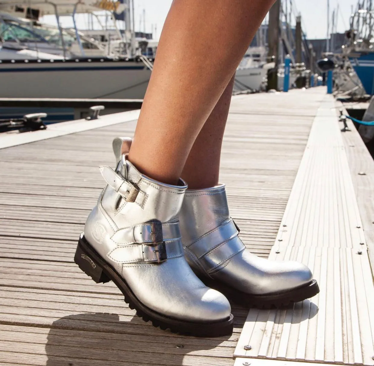 Biker boots short double buckle - silver