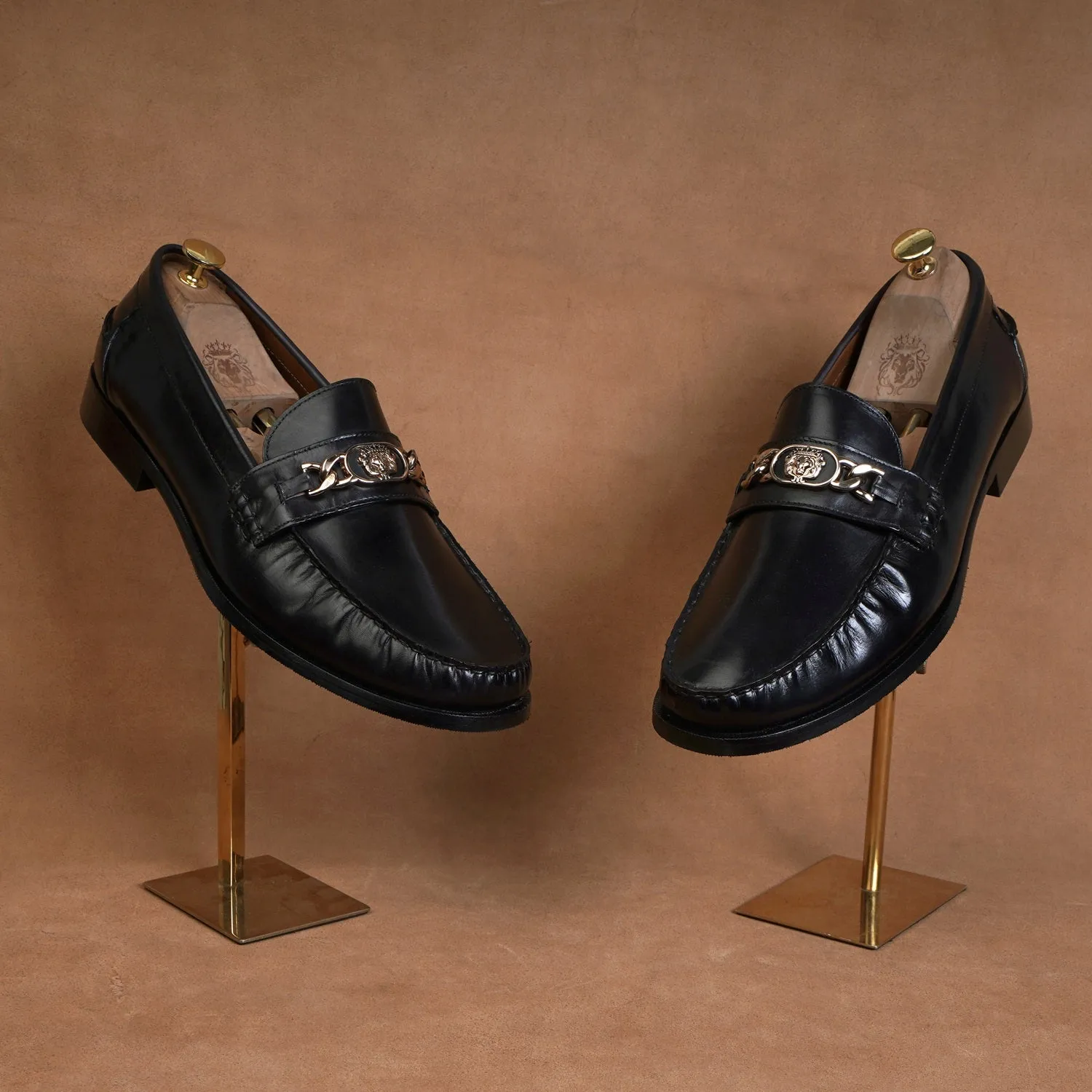 Black Leather Moccasin Loafer with Chain Embellishment Lion Logo