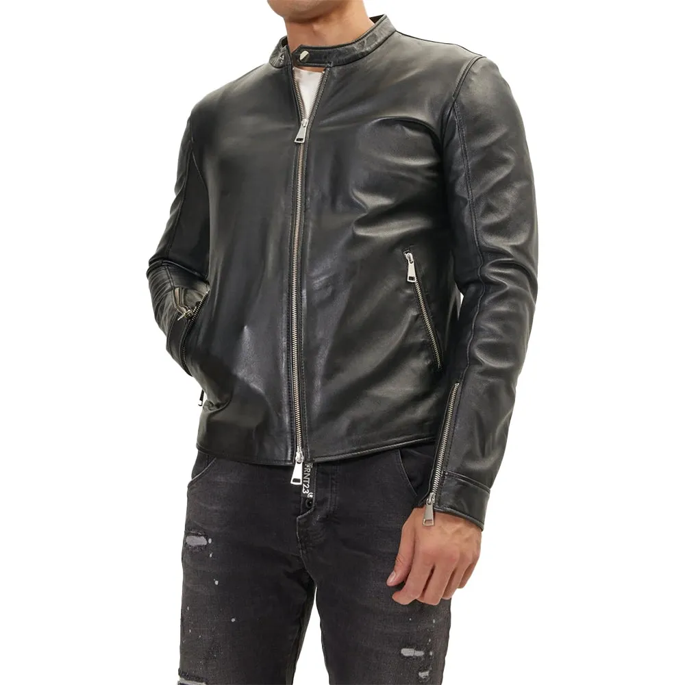 Classic Cafe Racer Black Leather Jacket Mens