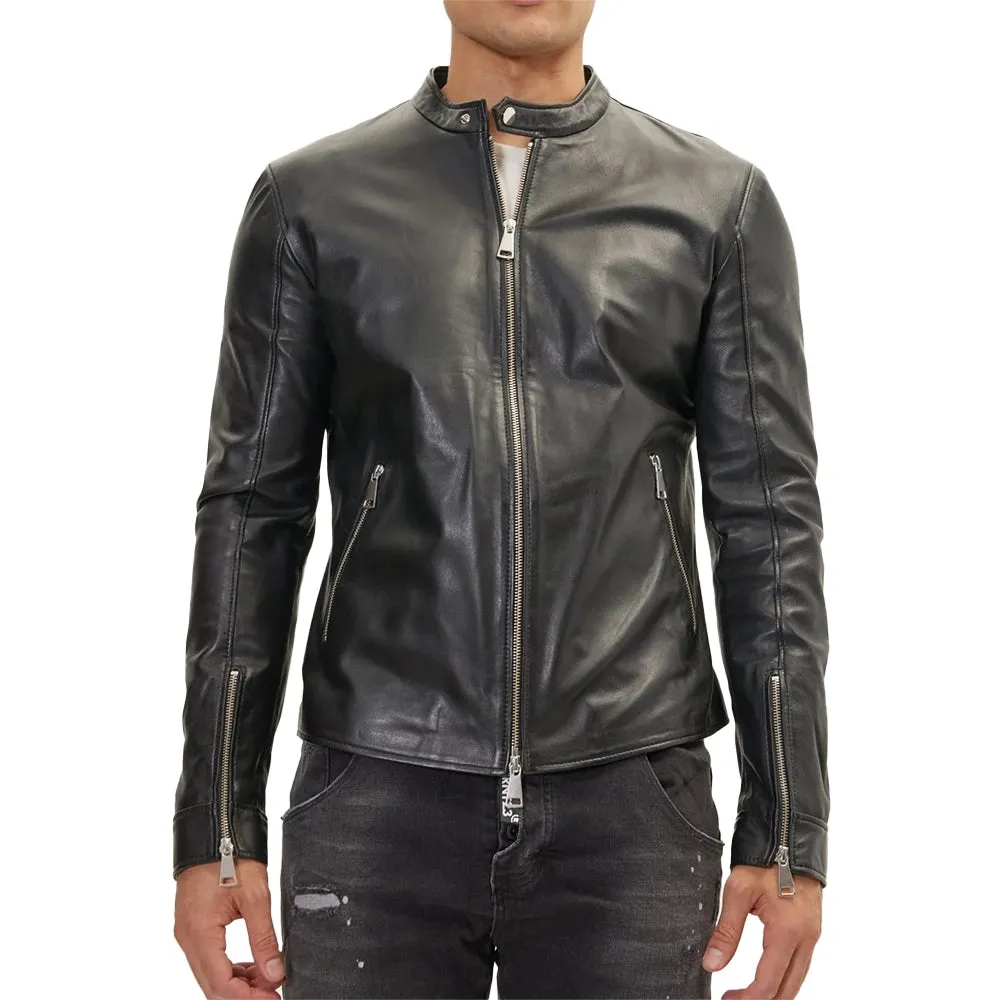 Classic Cafe Racer Black Leather Jacket Mens