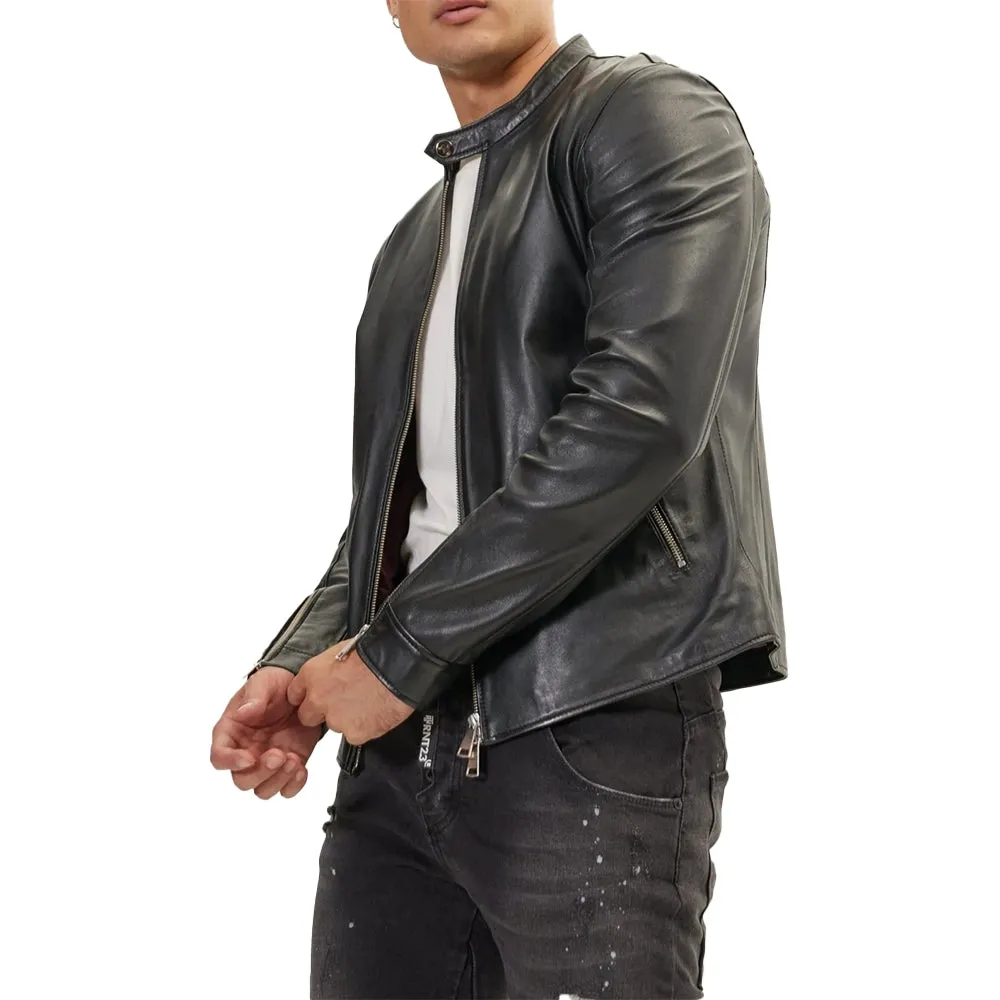 Classic Cafe Racer Black Leather Jacket Mens