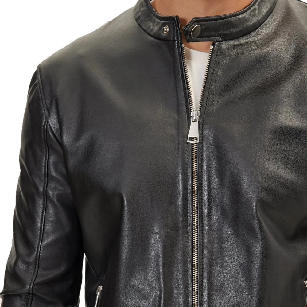 Classic Cafe Racer Black Leather Jacket Mens