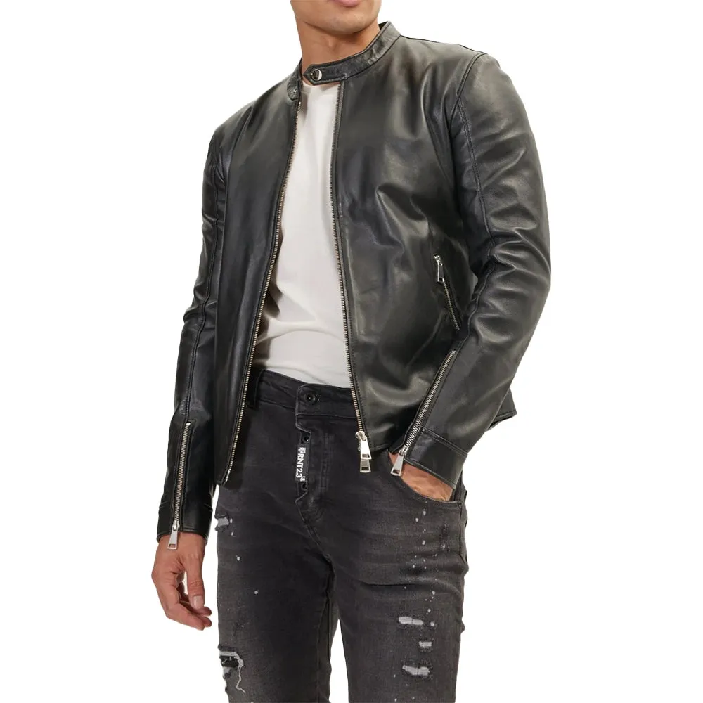 Classic Cafe Racer Black Leather Jacket Mens
