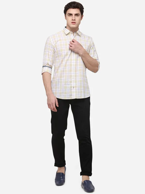 Cream & White Checked Slim Fit Casual Shirt | JadeBlue