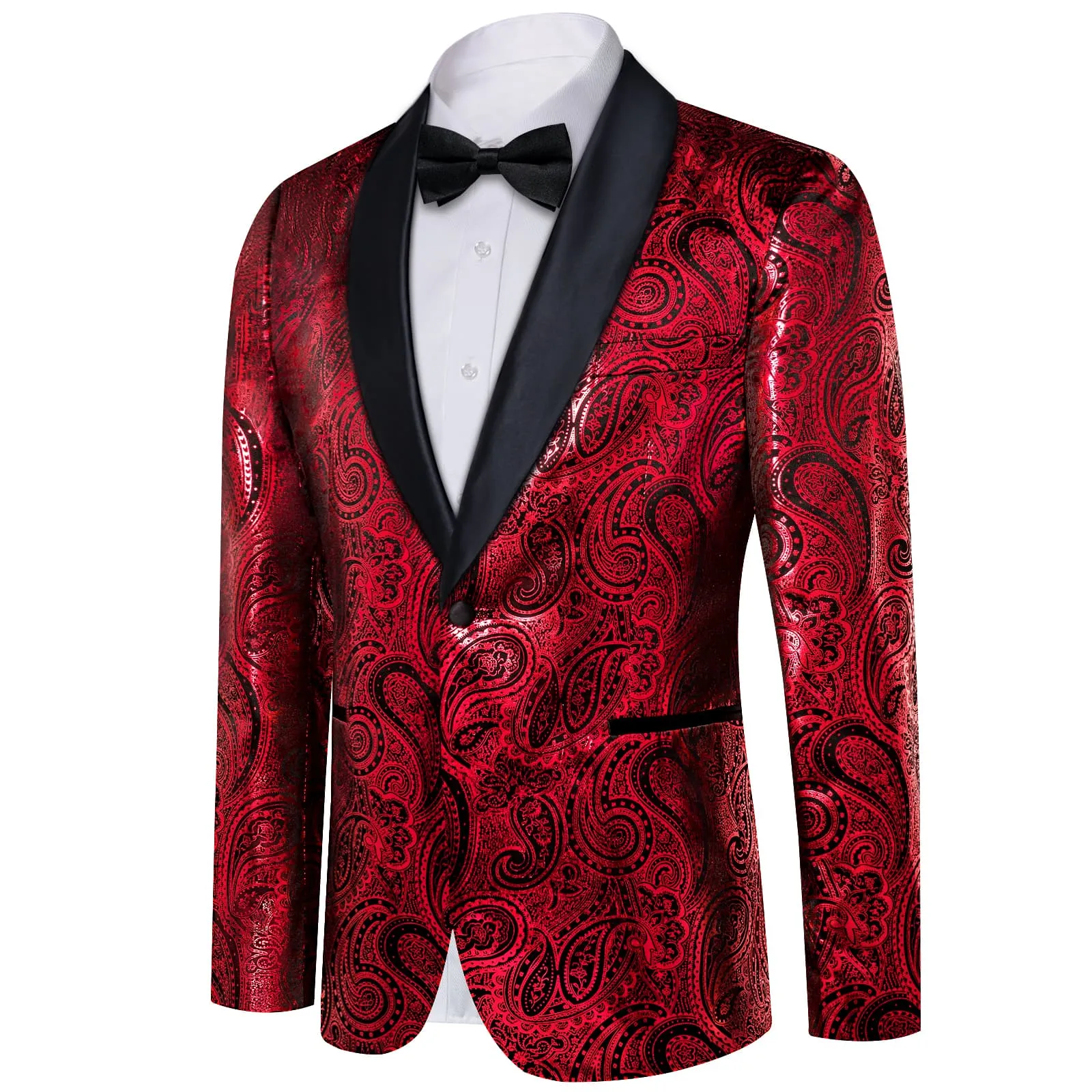 DiBanGu Shawl Collar Suit Vivid Auburn Red Paisley Silk Mens Slim Fit Business Suit