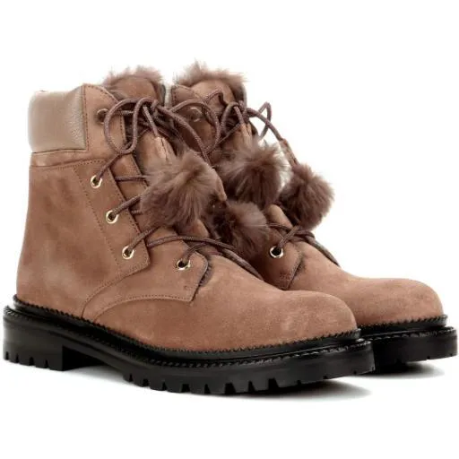 JIMMY CHOO Elba Suede and Rabbit-Fur Ankle Boots, Light Mocha
