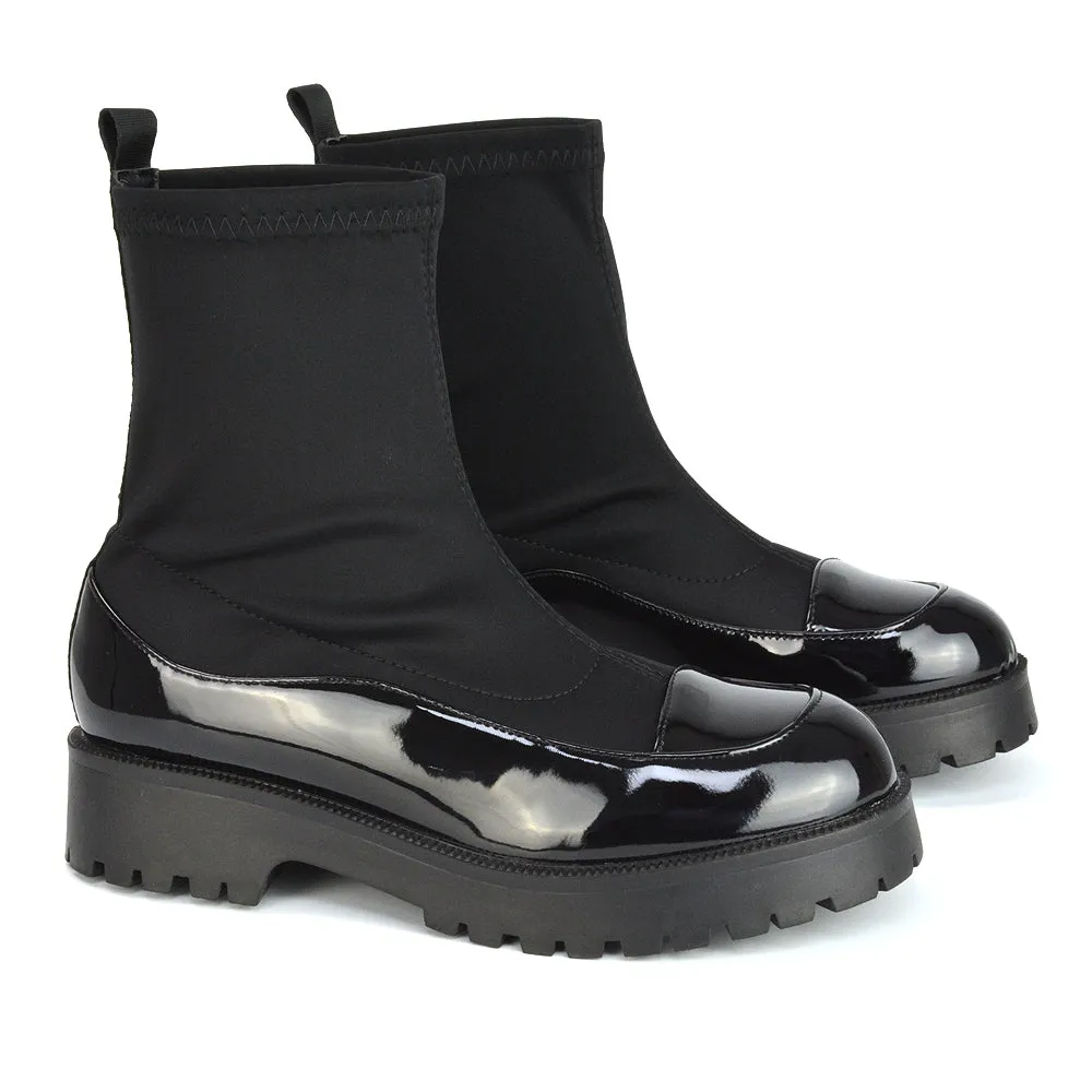 Kerry Chunky Sock Boots Ankle High Flat Biker Booties In Black Synthetic Leather