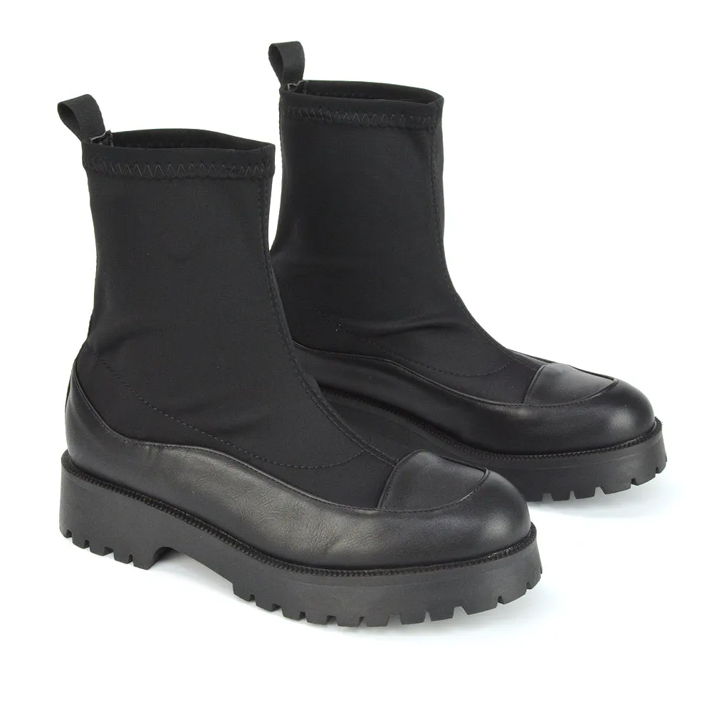 Kerry Chunky Sock Boots Ankle High Flat Biker Booties In Black Synthetic Leather