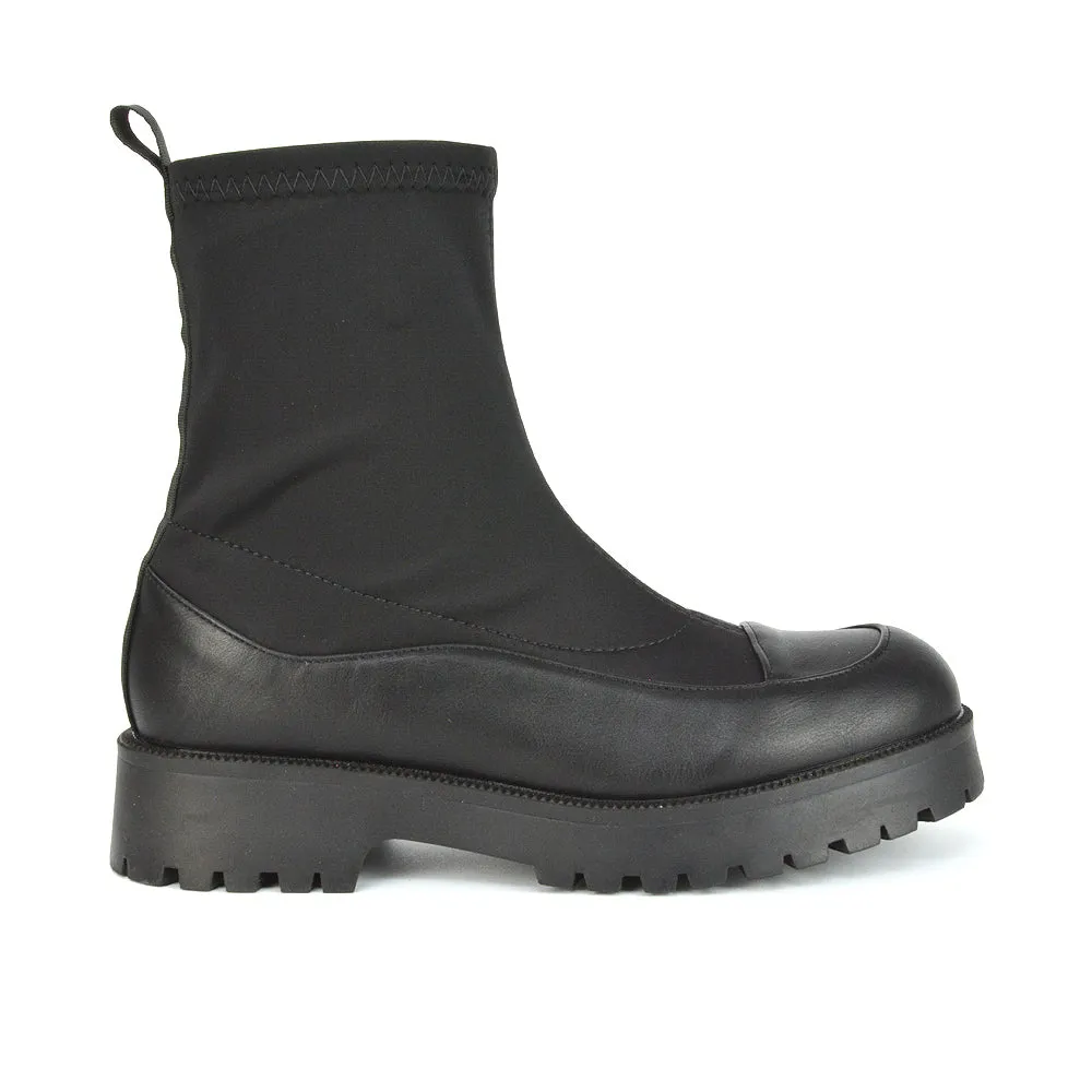 Kerry Chunky Sock Boots Ankle High Flat Biker Booties In Black Synthetic Leather