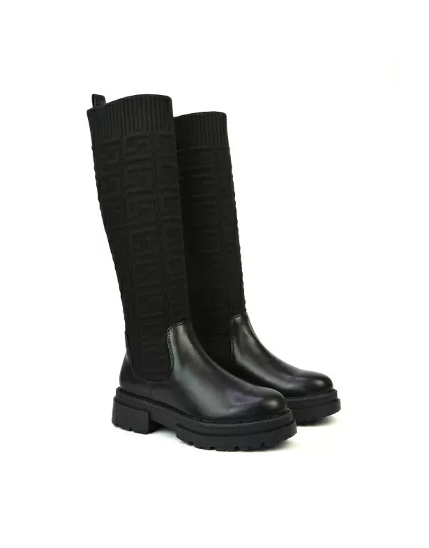 Maylee Chunky Sole Knitted Knee High Sock Biker Boots in Black