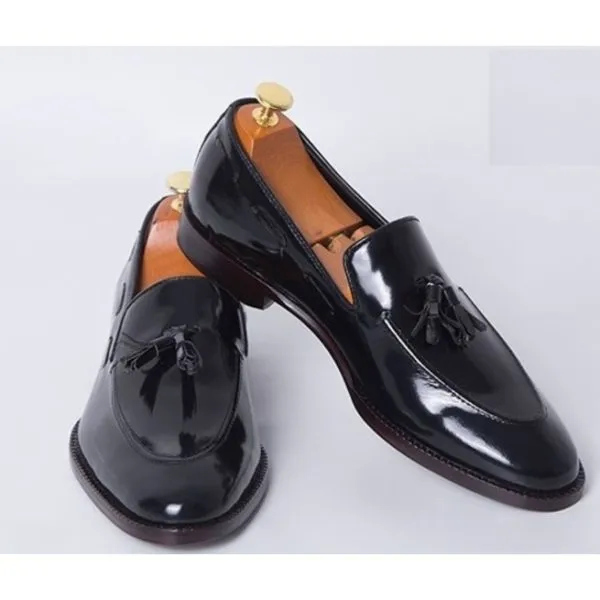 Men's Patent Leather Tassels Shoes, Men Black Tassels Moccasins