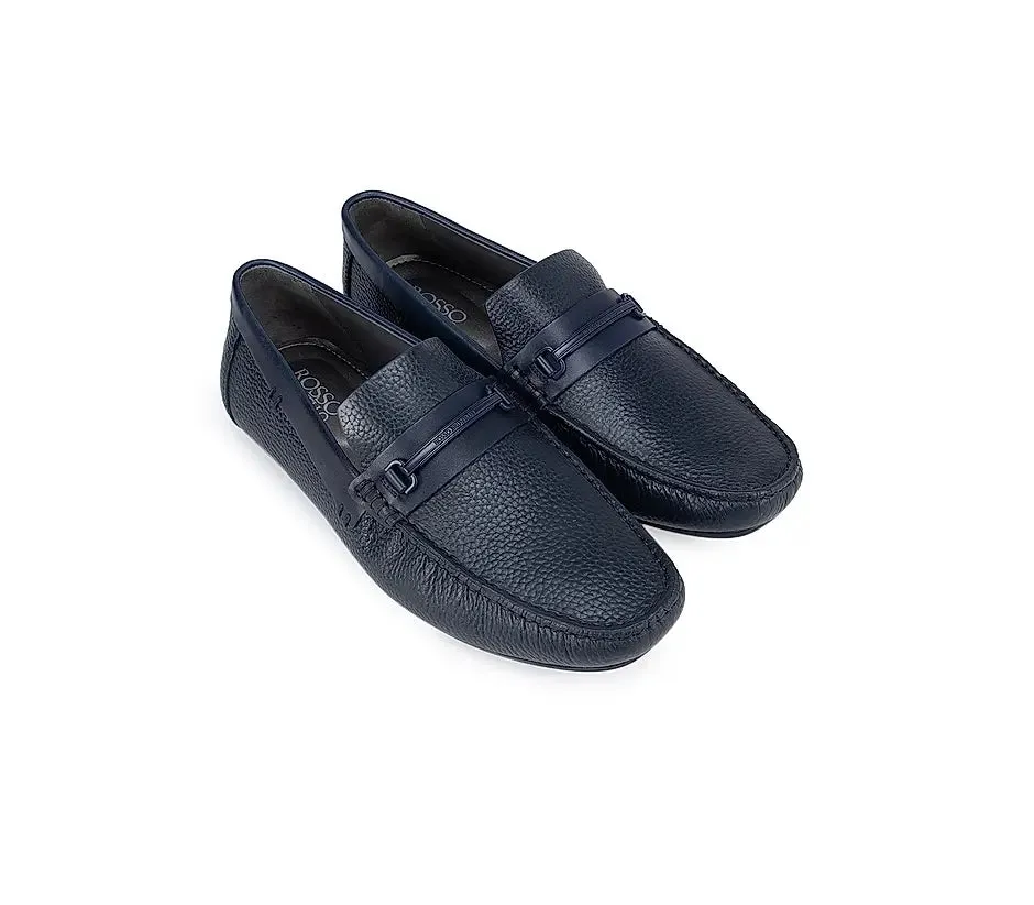 Navy Textured Leather Panel Moccasins
