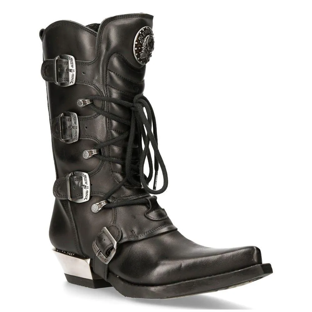 New Rock M-7993-s1 Western Cowboy Boots Black Leather Buckle Heavy Biker Shoes