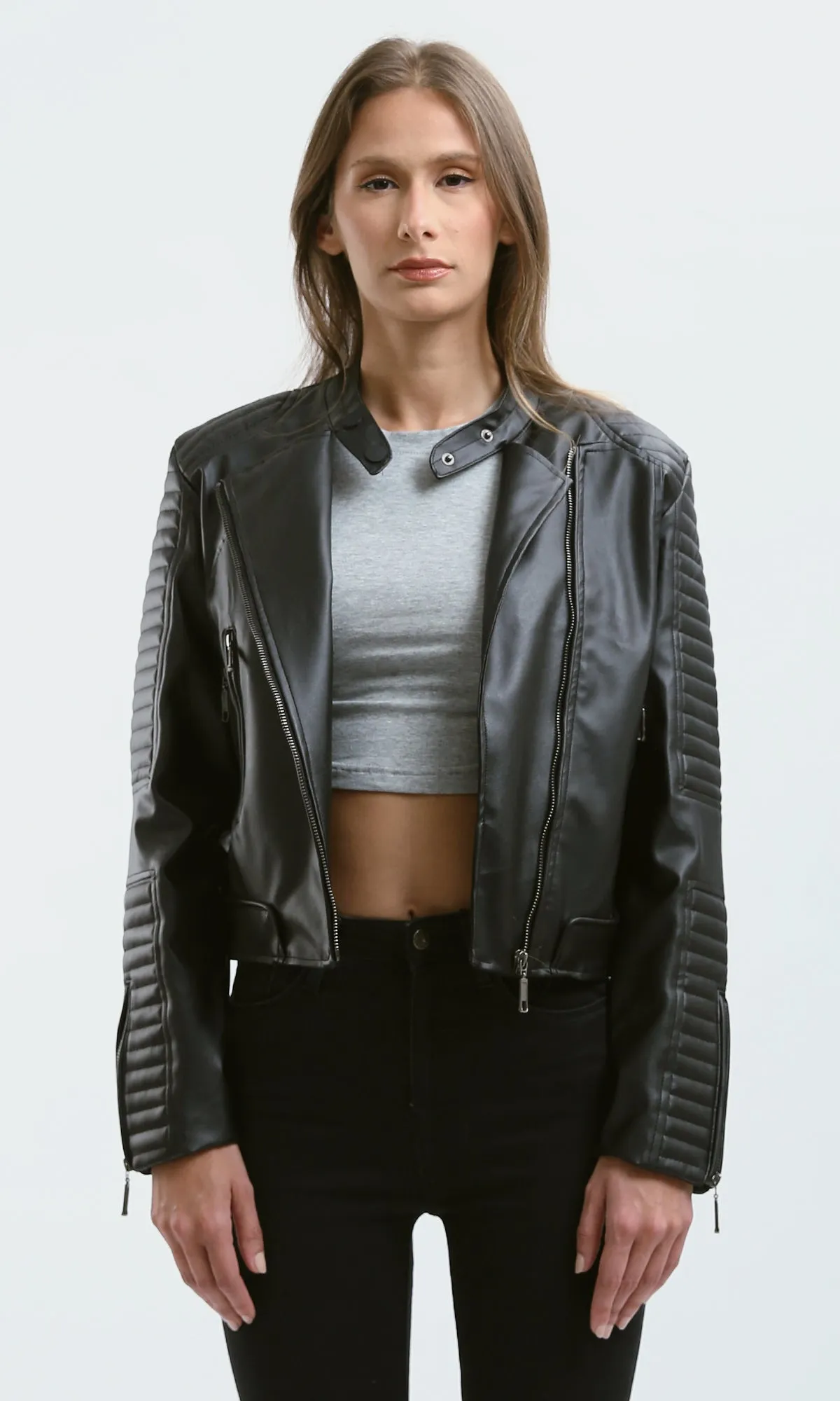 O176289 Stitched Sleeves Black Leather Biker Jacket