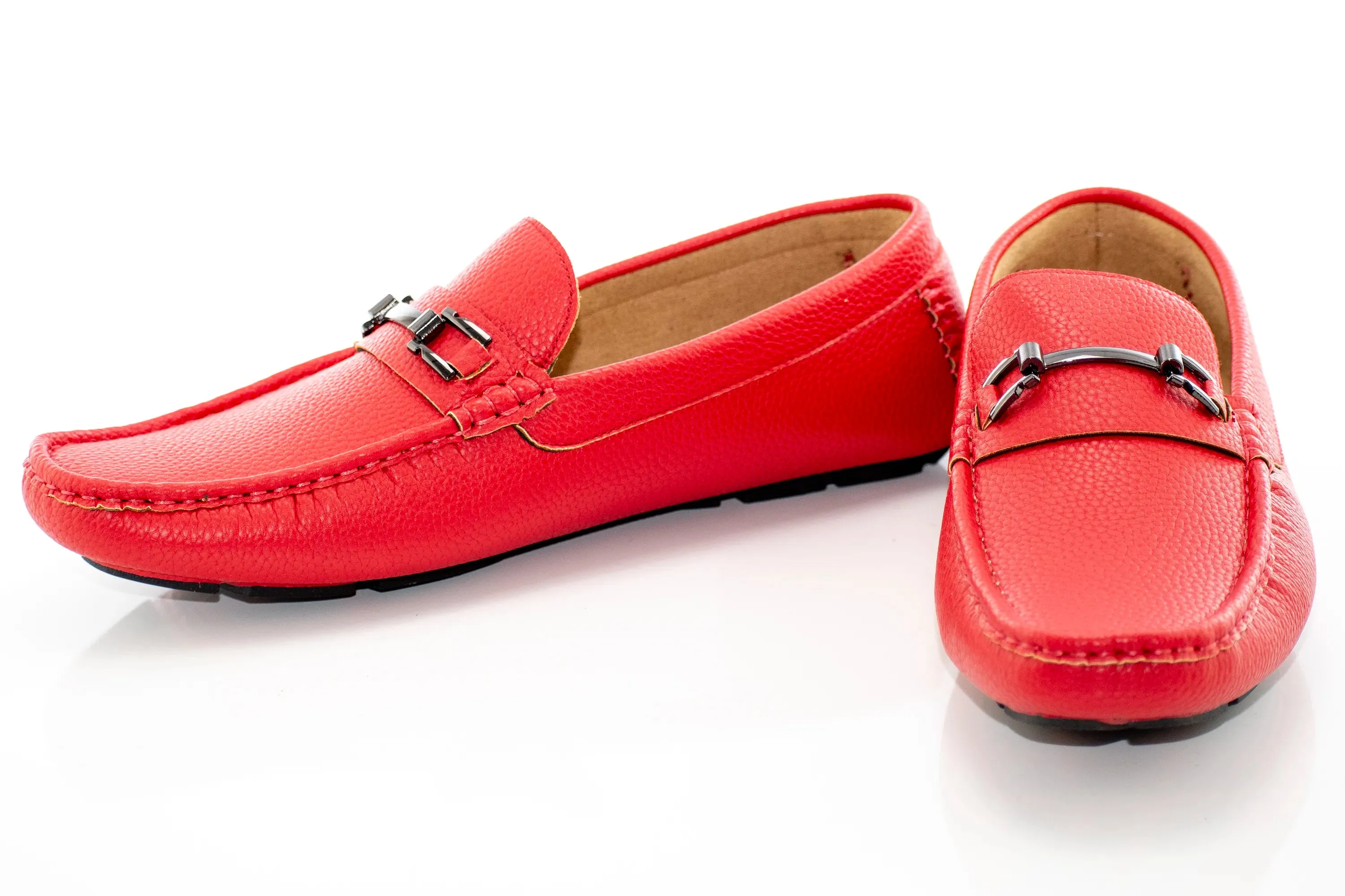 Red Pebbled Leather Driving Loafer With Metal Bit