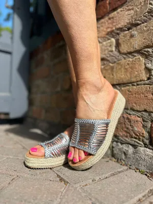 Silver Metallic Multi Strap Espadrilles