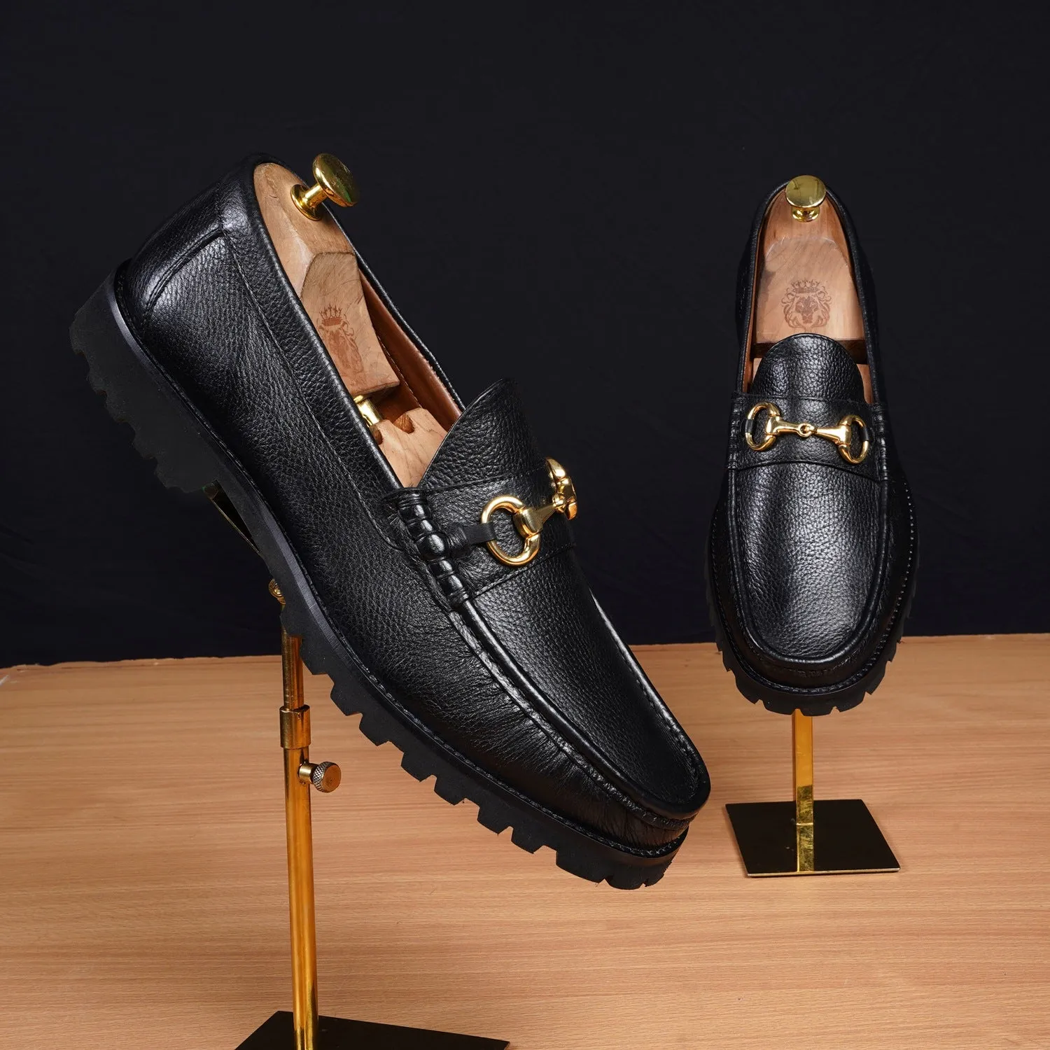 Textured Black Moccasin Loafer with Chunky Sole