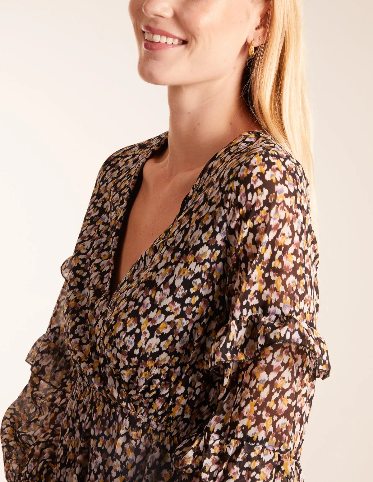 V Neck Frill Sleeve Wrap Midi Dress