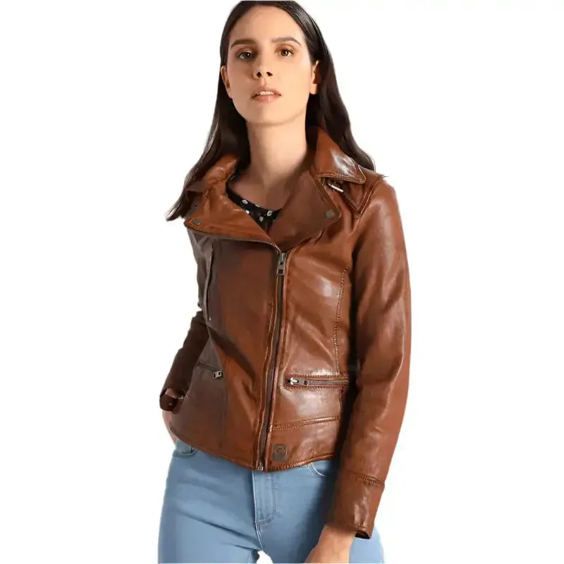 Women's Brown Leather Biker Jacket – Classic & Stylish